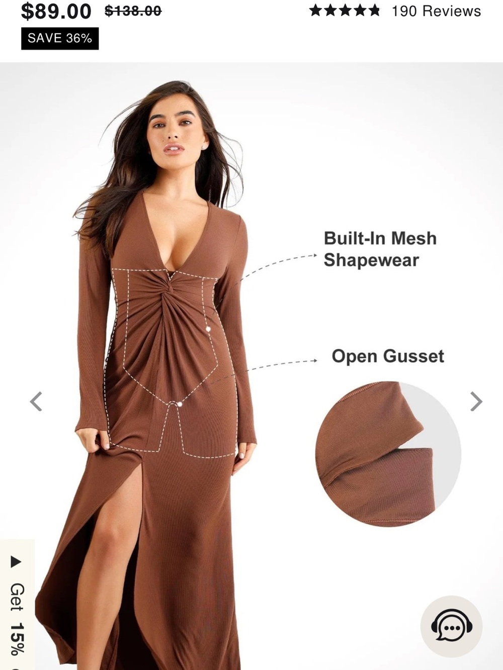 Popilush Brown Ribbed Ruched V-Neck Long Sleeve Maxi Dress Size XL